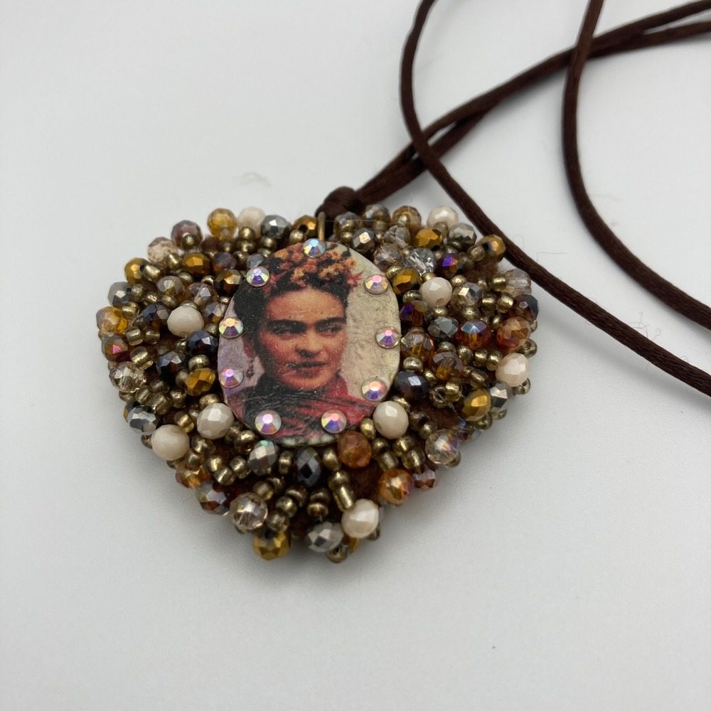 Frida Kahlo Beaded Heart Pendant Necklace Adjustable Brown Cord Boho Folk Art